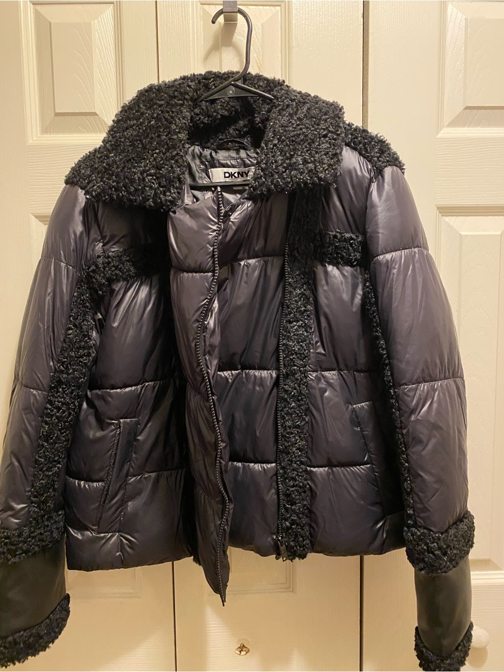 DKNY Black Puffer Jacket with Sherpa Trim